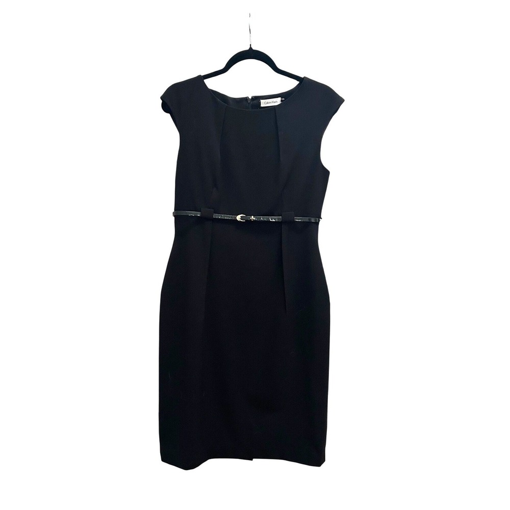 Calvin Klein Womens Black Cap Sleeve Belted Sheath Dress‎ Size 8 Pleated Front
